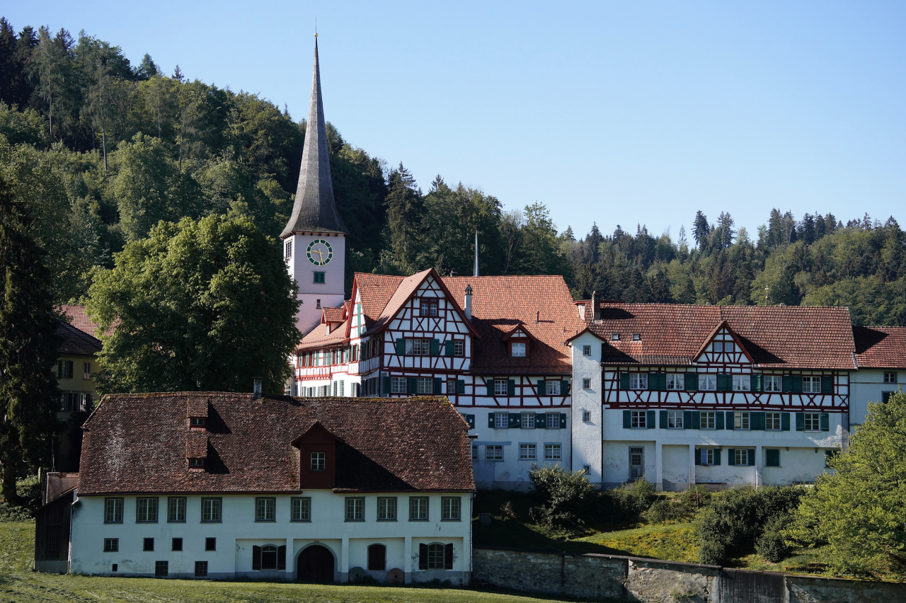 Fachwerkhaeuser und Kirche mit Turm im Gruenen an einem sonnigen Tag