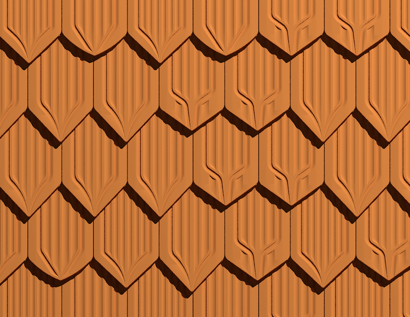 Reihen orangefarbener Dachziegel mit geometrischem Muster