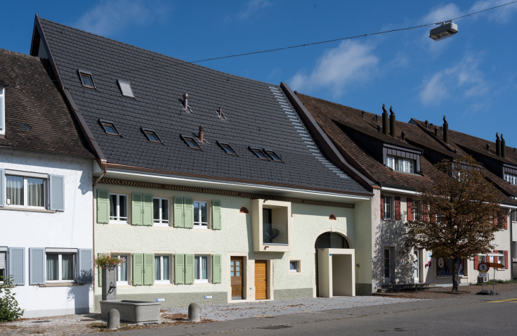 Reihenhaeuser mit schraegem, dunklem Dach und pastellfarbenen Fassaden bei Sonnenschein.