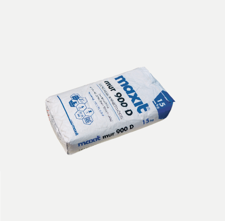 Zementsack mit blauer Aufschrift auf weißem Hintergrund