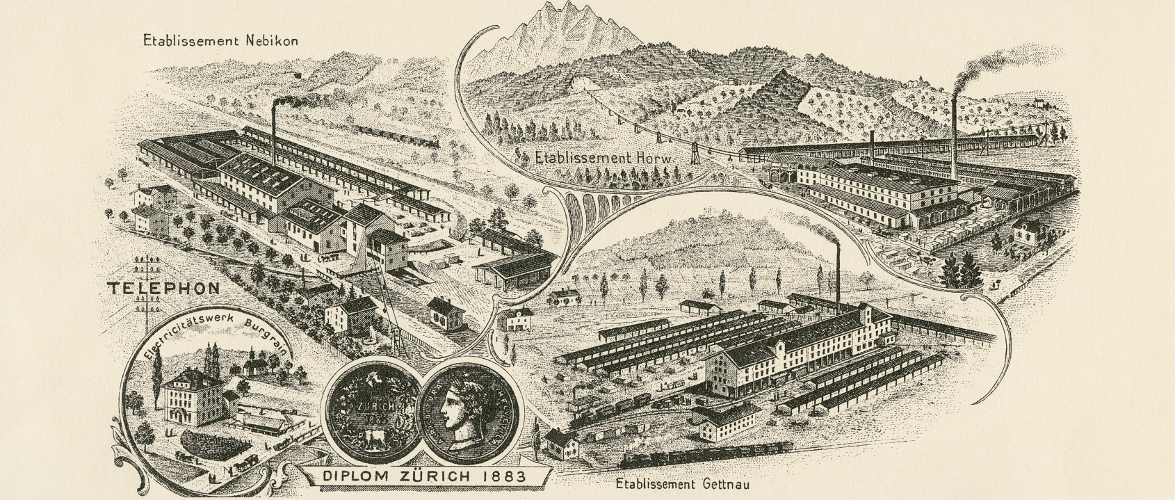 Historische Illustration mehrerer Fabrikgebaude mit rauchenden Schornsteinen und Bergen im Hintergrund.